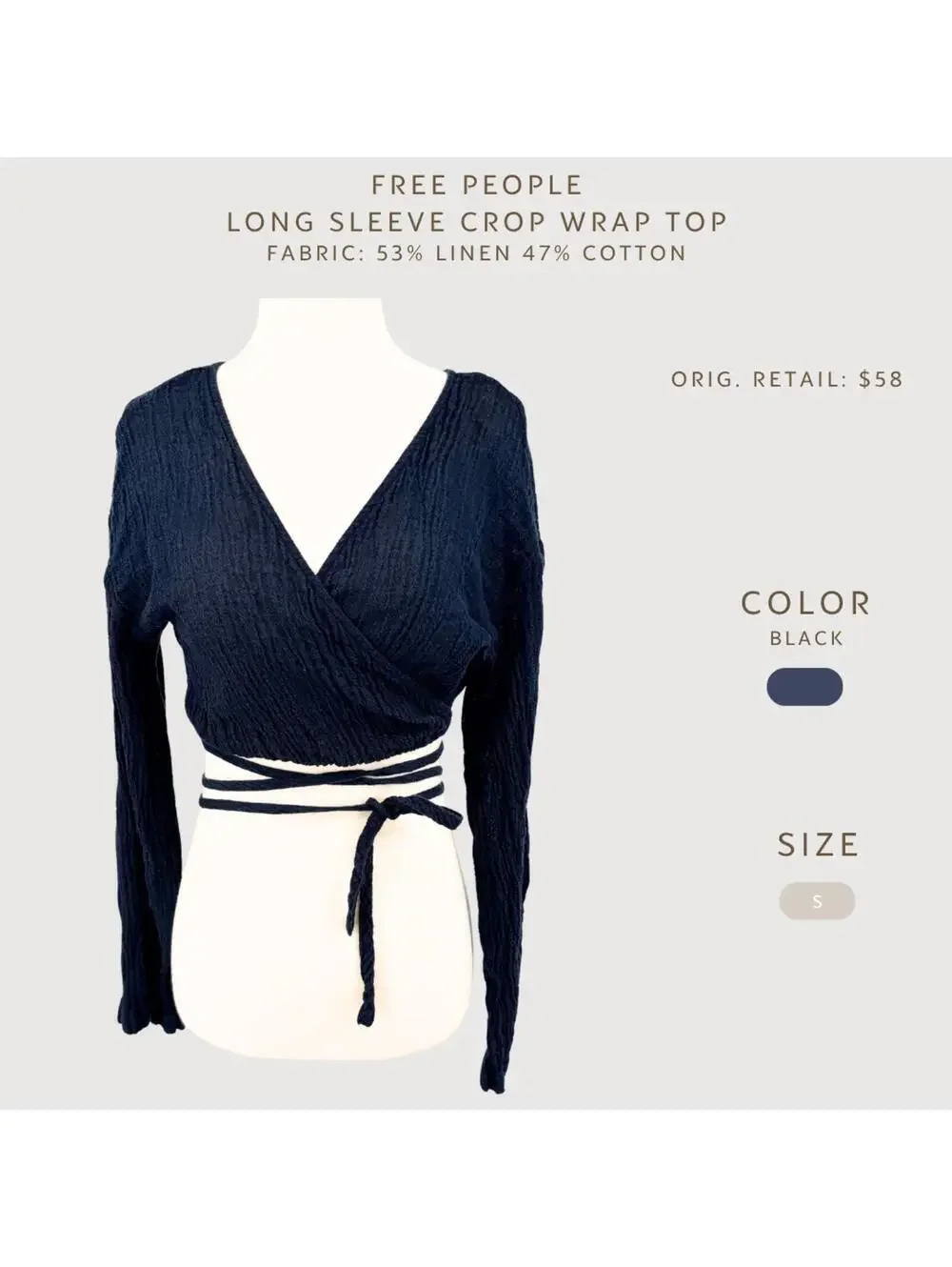 Free People Linen Blend Wrap Crop Top Black S